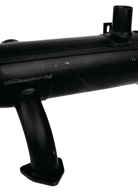 The Silencer - Underhood - S.42657 by Sparex is a black cylindrical metal component featuring a side pipe that extends downward, a vertical upward opening, and is coated with heat-resistant paint for enhanced durability.