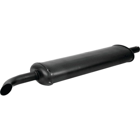 The Sparex Silencer - Vertical - S.14520 is a black cylindrical exhaust muffler with an inlet pipe on one end and a curved outlet pipe on the other, coated in heat-resistant paint. Designed for Ford / New Holland machinery, this durable component appears new and ready for use.