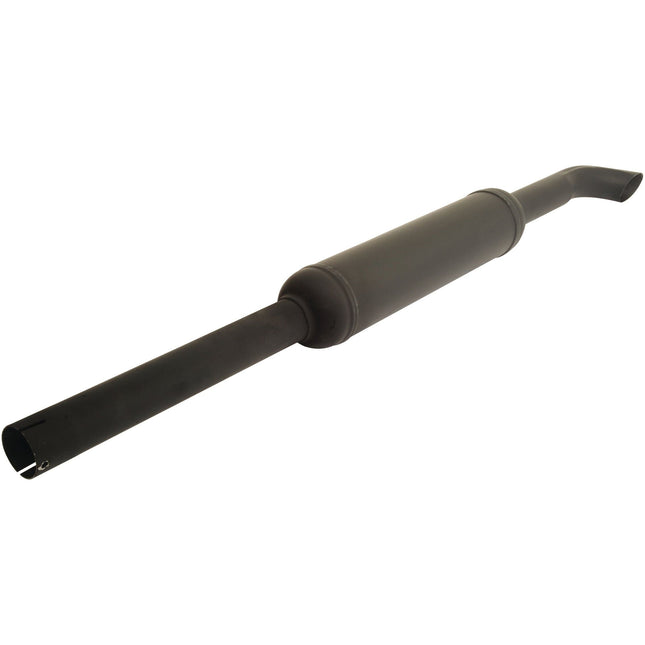 The Sparex Silencer - Vertical - S.43963 is a cylindrical automotive exhaust muffler with an attached curved pipe, specifically designed for reducing engine noise and emissions, and coated in heat-resistant paint.
