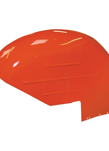 The Fender - LH - S.43104 by Sparex is a bright orange, curved metal cover with a glossy finish, resembling a shell, featuring a 9'' drop cutout section at the bottom and subtle horizontal ridges.