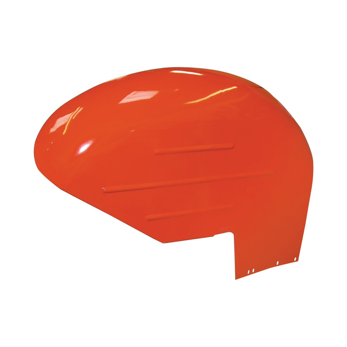 The Fender - LH - S.43104 by Sparex is a bright orange, curved metal cover with a glossy finish, resembling a shell, featuring a 9'' drop cutout section at the bottom and subtle horizontal ridges.