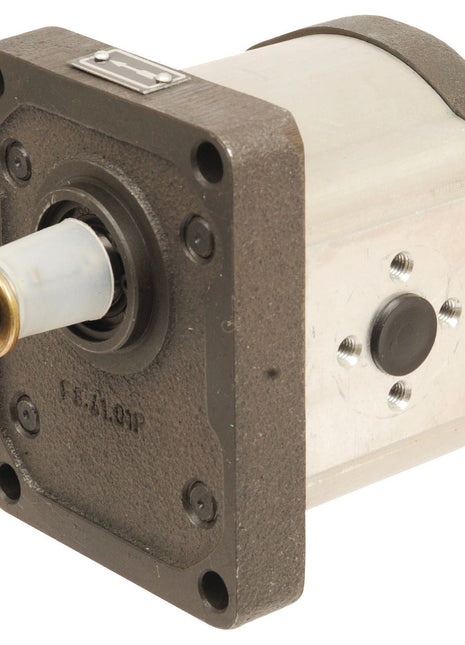 Close-up of the Single Hydraulic Pump - S.42750 by Sparex, featuring a rectangular metal housing with a central rotating shaft surrounded by M6 bolts on a flanged face.