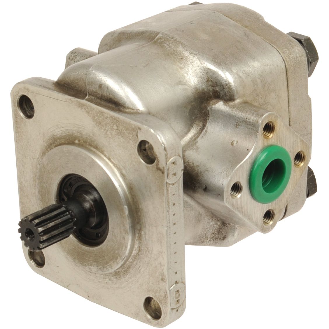 Introducing the Sparex Single Hydraulic Pump - S.43780, a metal hydraulic pump featuring a square mounting plate with four bolt holes, a central black rotating shaft, and a green front inlet hole.