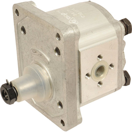 The Single Hydraulic Pump - S.62216 by Sparex is a metallic, industrial gear pump with a square flange and bolts, featuring a protruding central nozzle and various connection points—an ideal alternative to 170570 from Sparex.