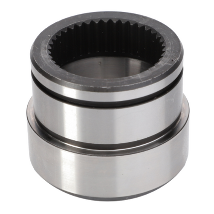 A metallic cylindrical machine part, identified as the Massey Ferguson - Sleeve - 3615613M1 from AGCO, with an inner gear-like structure and exterior grooves, designed for the Massey Ferguson 5400 Series, is shown against a white background.