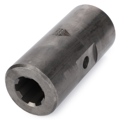 A metal cylindrical coupling with a hexagonal inner hole and a threaded side hole, featuring the Massey Ferguson logo on the surface, identified as the AGCO Massey Ferguson Sleeve Drive Shaft - 3384857M4.