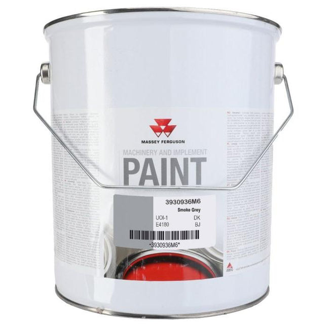 A 5-litre can of Smoke Grey Paint labeled "Massey Ferguson - Smoke Grey Paint 5lts - 3930936M6" by AGCO. The can has a printed label indicating that it contains hazardous material and features a metal handle for carrying.
