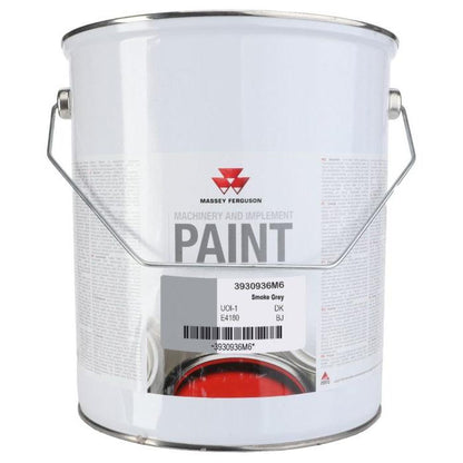 A 5-litre can of Smoke Grey Paint labeled "Massey Ferguson - Smoke Grey Paint 5lts - 3930936M6" by AGCO. The can has a printed label indicating that it contains hazardous material and features a metal handle for carrying.