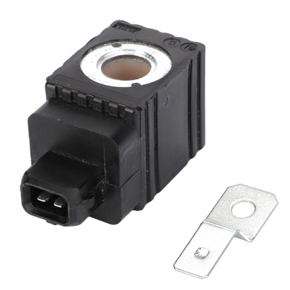A rectangular black electrical solenoid valve coil with two prongs next to a metal connector, perfect for Massey Ferguson 3000 Series tractor parts, the AGCO Massey Ferguson Solenoid - 3619763M1.