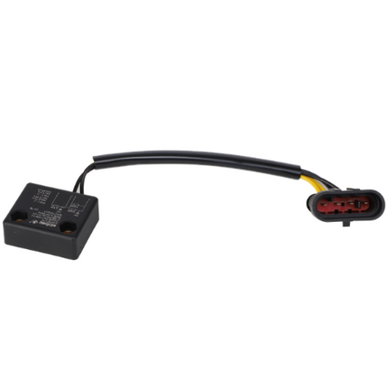 The AGCO Massey Ferguson - Solenoid Switch - ACW0703140 is a black electrical connector with a short cable and red internal components. It features labeled, boxed components and a wiring harness that includes three wires (black, yellow, and orange), making it suitable for use with the Massey Ferguson DYNA VT.