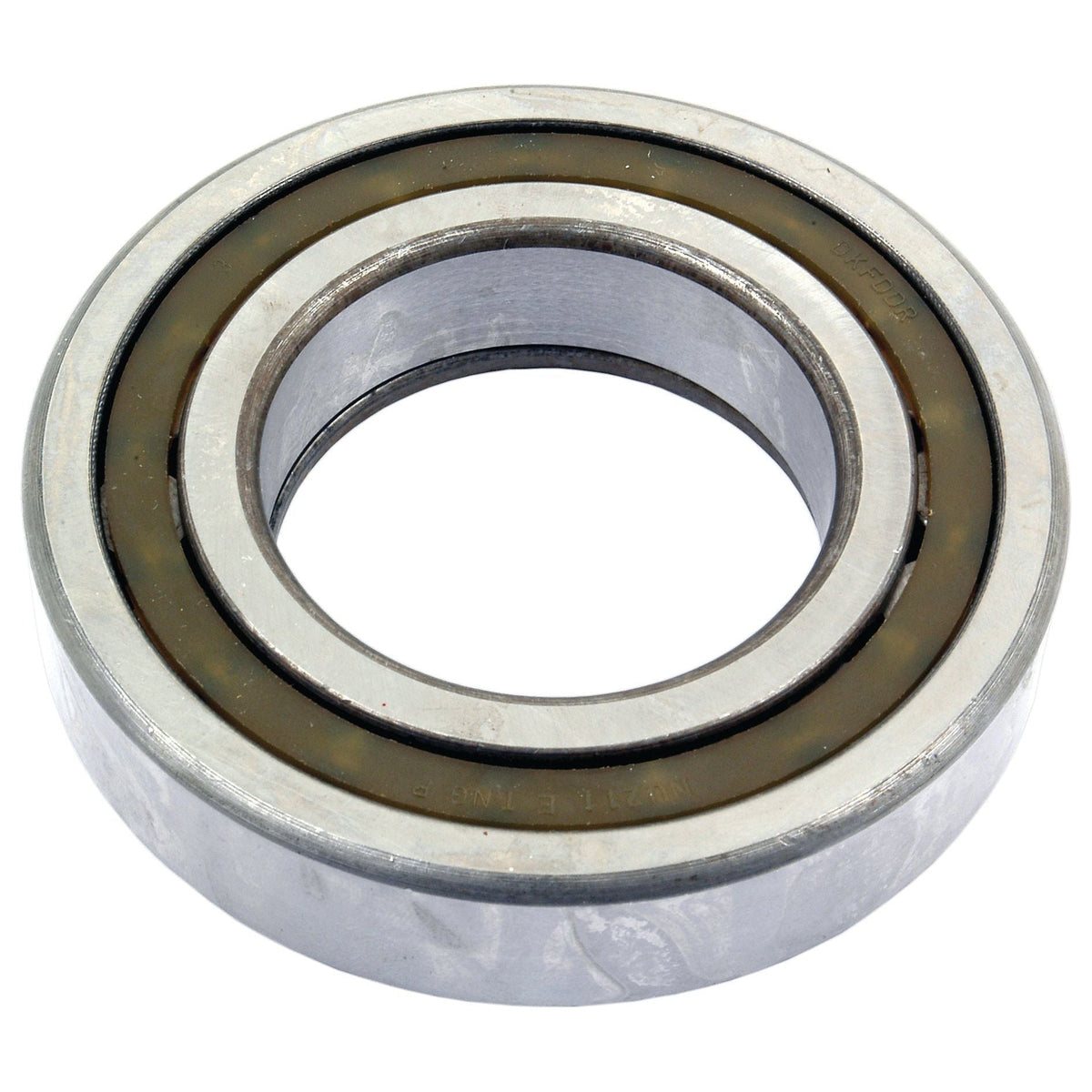 A close-up image of the Sparex Cylindrical Roller Bearing (NUP211 - S.43447), featuring a 55mm inner diameter, 100mm outer diameter, and 21mm width. The bearing's inner and outer rings are separated by cylindrical rollers, displayed isolated on a white background.