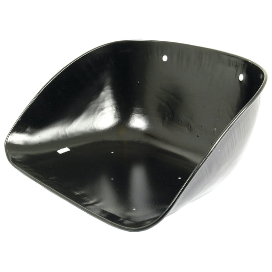 A black plastic cart or wheelbarrow tray with four holes for mounting, suitable as a spare part for Massey Ferguson equipment. For reference, it can be identified using Sparex Seat Assembly | Sparex Part No.S.61144 by the brand Sparex.