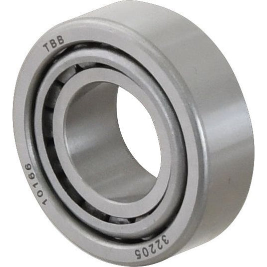 A close-up of a metal taper roller bearing reveals the markings "TBB 32206 10766" engraved on its surface. This bearing, similar to the Case IH models, features an outer and inner ring with visible rolling elements. It is akin to the Sparex Taper Roller Bearing (32205) - S.18253 from the Sparex brand.