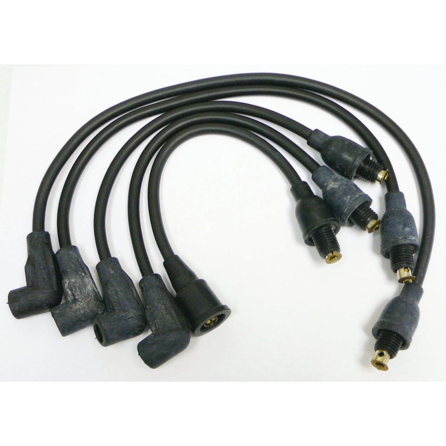 A set of six black spark plug cables with connectors from the Sparex Spark Plug Cable Set 4 Cyl. - Threaded (Sparex Part No.S.42375), arranged in a semi-circular pattern against a white background.