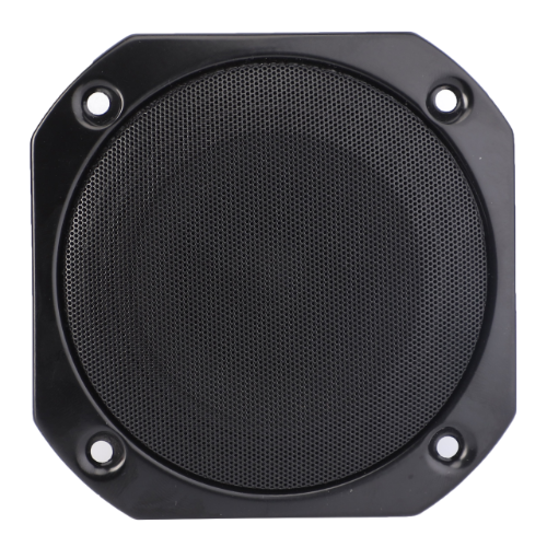 A black, square-shaped speaker grille from AGCO's Massey Ferguson line, product number 4274735M1, featuring a round perforated center and four mounting holes on each corner—perfect for your Massey Ferguson tractor parts.