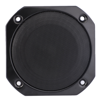 A black, square-shaped speaker grille from AGCO's Massey Ferguson line, product number 4274735M1, featuring a round perforated center and four mounting holes on each corner—perfect for your Massey Ferguson tractor parts.