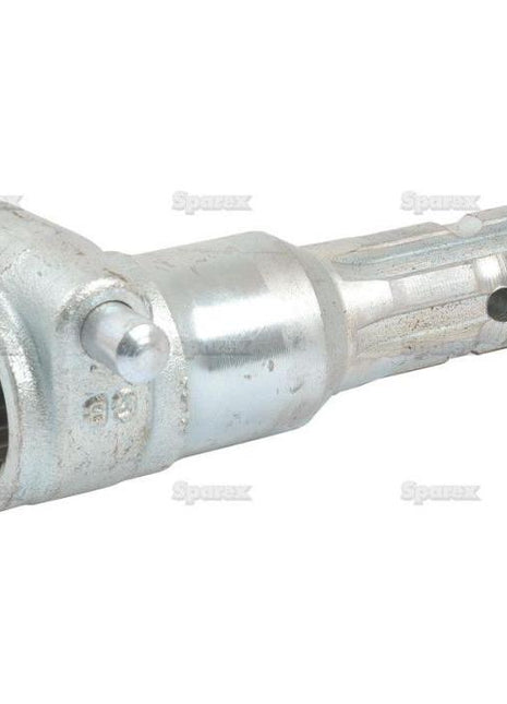 The PTO Adaptor - Female spline 1 3/8'' - 21 x Male spline 1 3/8'' - 6 with Quick Release Pin (S.15865) by Sparex is a heavy-duty metal component featuring a grooved cylindrical body and a gear-like end, ideal for use in machinery to transmit torque effectively.