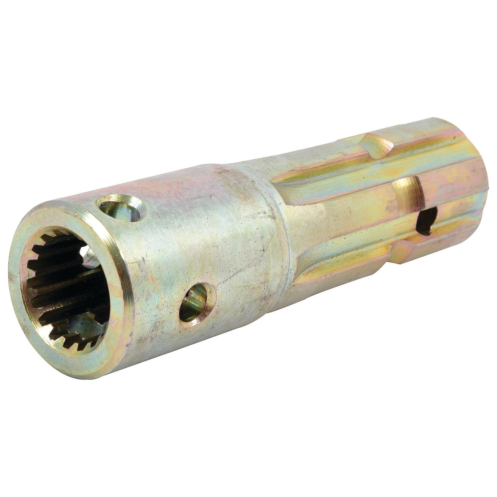 The Sparex PTO Adaptor - Female spline 1" - 18 x Male spline 1 3/8" - 6 (S.15073) is a standard duty, metallic cylindrical coupling featuring a splined interior and multiple external holes for mechanical connections, making it ideal for use as a 70HP PTO adapter.