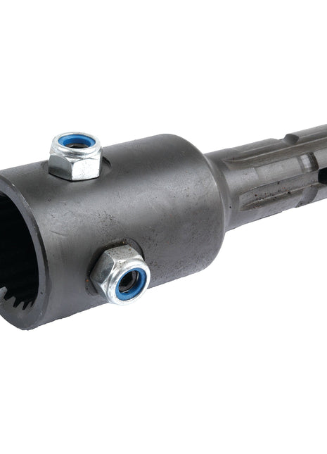 The Sparex PTO Adaptor - Female Spline (S.8443) is a metal mechanical part with a cylindrical body and toothed inner gear, featuring two hexagonal bolts and a grooved shaft, designed as a standard duty PTO adapter.