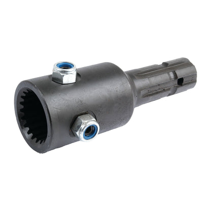 The Sparex PTO Adaptor - Female Spline (S.8443) is a metal mechanical part with a cylindrical body and toothed inner gear, featuring two hexagonal bolts and a grooved shaft, designed as a standard duty PTO adapter.