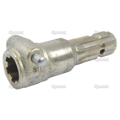 Close-up of the Sparex PTO Adaptor - Female spline 1 3/8'' - 6 x Male spline 1 3/8'' - 6 with Quick Release Pin (S.15901), showcasing its heavy-duty metallic cylindrical structure with a hexagonal socket and protruding quick release pin on one end, accompanied by grooved sections on the other end.