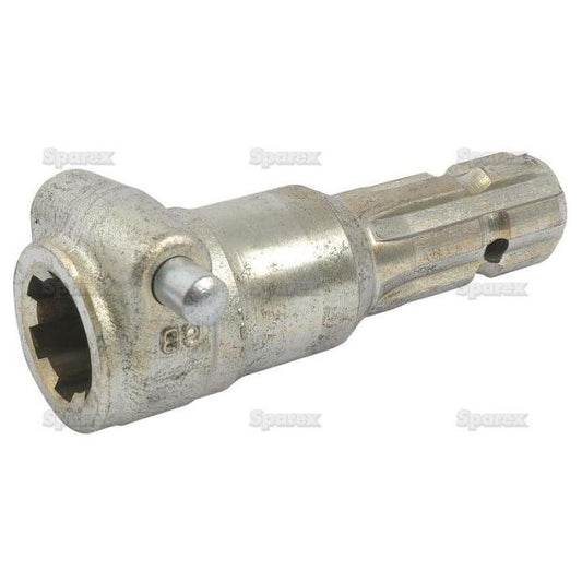 Close-up of the Sparex PTO Adaptor - Female spline 1 3/8'' - 6 x Male spline 1 3/8'' - 6 with Quick Release Pin (S.15901), showcasing its heavy-duty metallic cylindrical structure with a hexagonal socket and protruding quick release pin on one end, accompanied by grooved sections on the other end.