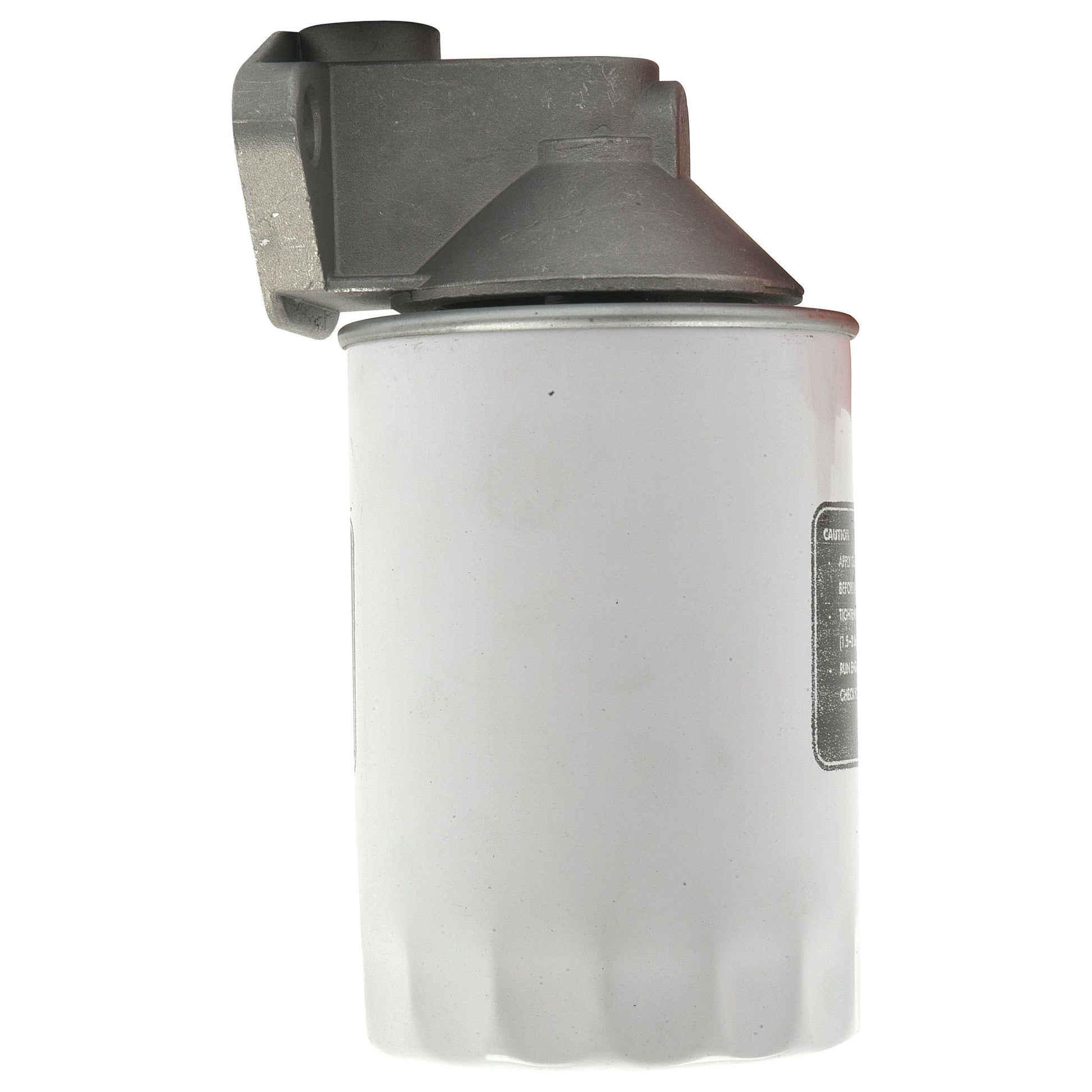 The Spin On Filter Assembly with Filter Head, Sparex Part No. S.41489, is a white cylindrical spin-on filter featuring a metal mounting bracket at the top, making it an ideal choice for use in Massey Ferguson and Landini tractors.