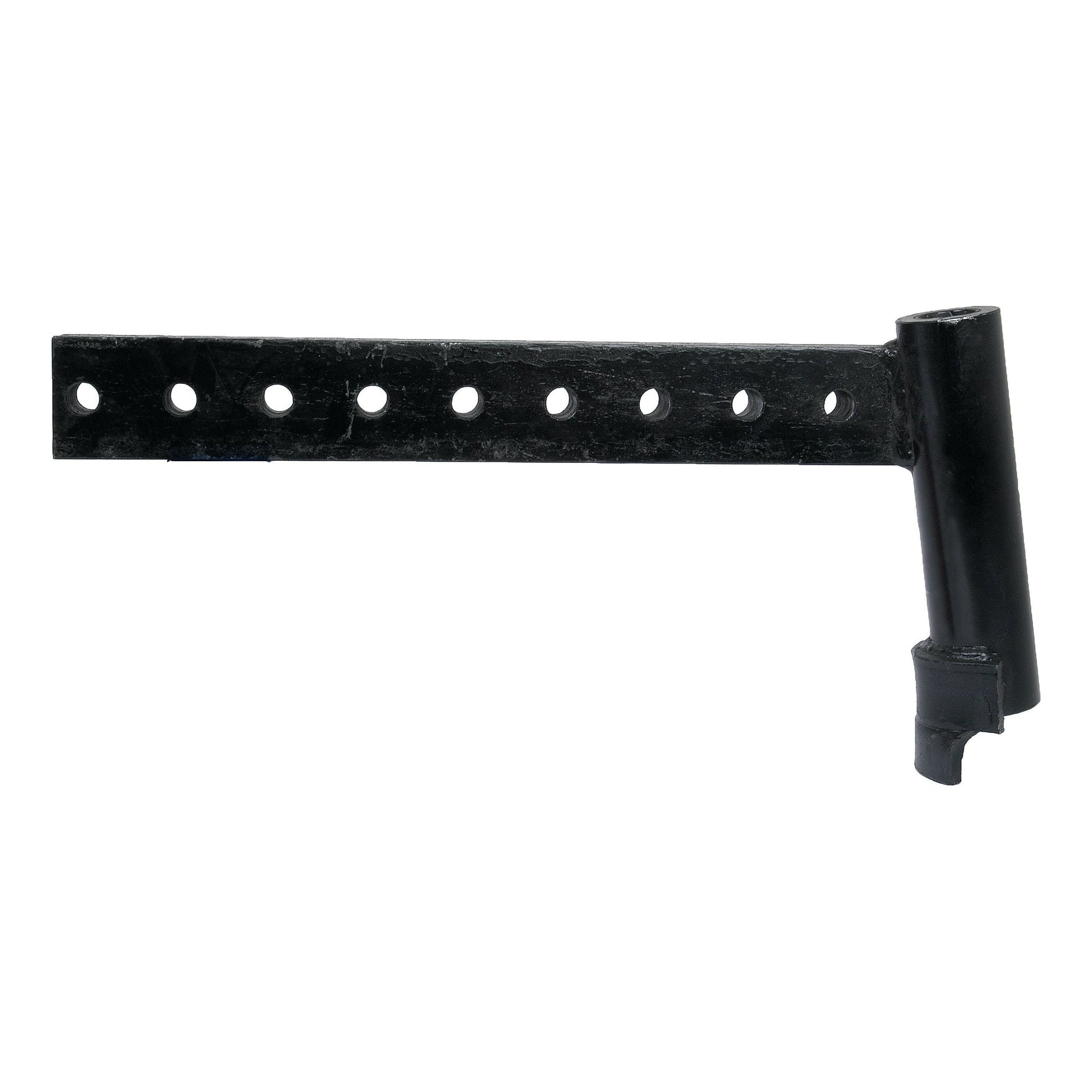 The Sparex Spindle Arm (Part No. S.40102), featuring a black metal bracket with multiple holes along its length and a perpendicular cylindrical attachment on one end, is ideal for use with a Massey Ferguson 135.