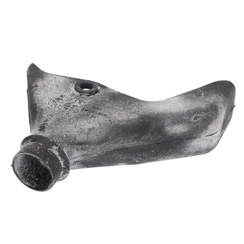A worn-out, black Massey Ferguson Spout - 876887M2 by AGCO, featuring a mounting hole and an extended nozzle-like design.