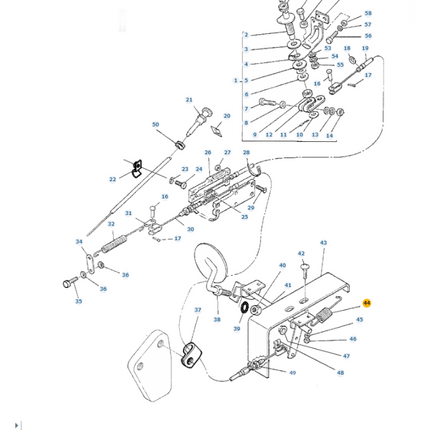Exploded diagram of a mechanical assembly for the Massey Ferguson 200 Series, showcasing various parts numbered 1 to 58, is provided by AGCO. The components include screws, rods, plates, and levers with connecting lines indicating the assembly order. One notable part in this series is the Massey Ferguson - Spring - 716762M1.
