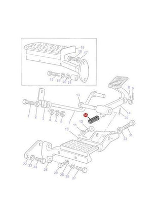 Diagram showing the exploded view of a Spring Foot Throttle assembly with all its components labeled by numbers, much like in AGCO's Massey Ferguson tractor parts manuals for the Spring Foot Throttle - 828656M1.