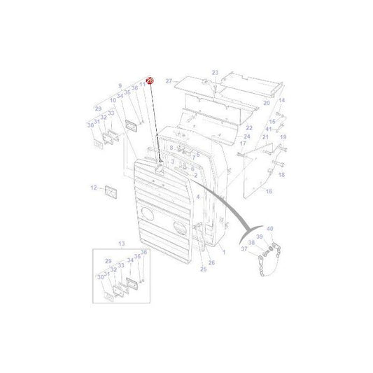 Diagram of an exploded view of the Massey Ferguson 1000 Series component, showcasing various tractor parts, including the AGCO-branded Massey Ferguson Spring Grille Catch (Part Number: 186441M2), labeled with numbers and their relative positions for assembly.