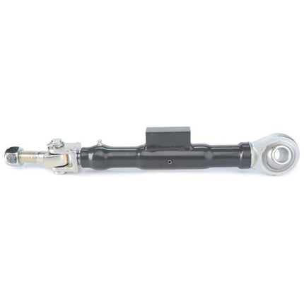 The AGCO Massey Ferguson - Stabiliser - 4271572M91 features a metal turnbuckle with a black rod body, incorporating eye bolts and a clevis pin at one end and a rod end bearing at the other, making it suitable for Massey Ferguson 5400 Series tractor parts.