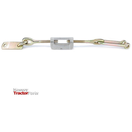 Image of an AGCO Massey Ferguson tractor part, labeled "Massey Ferguson - Stabiliser - 6210244M91," featuring a threaded rod with attached metal components and a rectangular central section, suitable for the 200 Series.