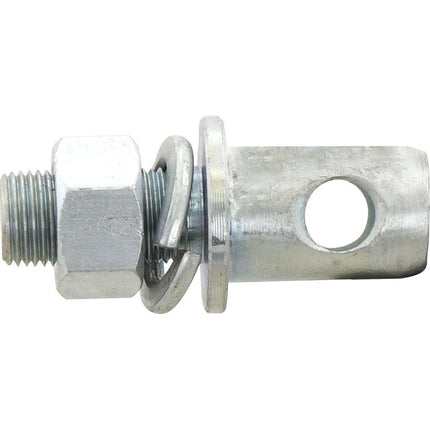 A close-up of the Stabiliser Pin 22x69mm, featuring a threaded bolt (5/8" x 28.5mm), nut, washers, and a clevis pin with a hole for securing connections. Ideal for Ford/New Holland or Massey Ferguson machinery, this Sparex-quality component (Sparex Part No. S.169) ensures durability and precision.
