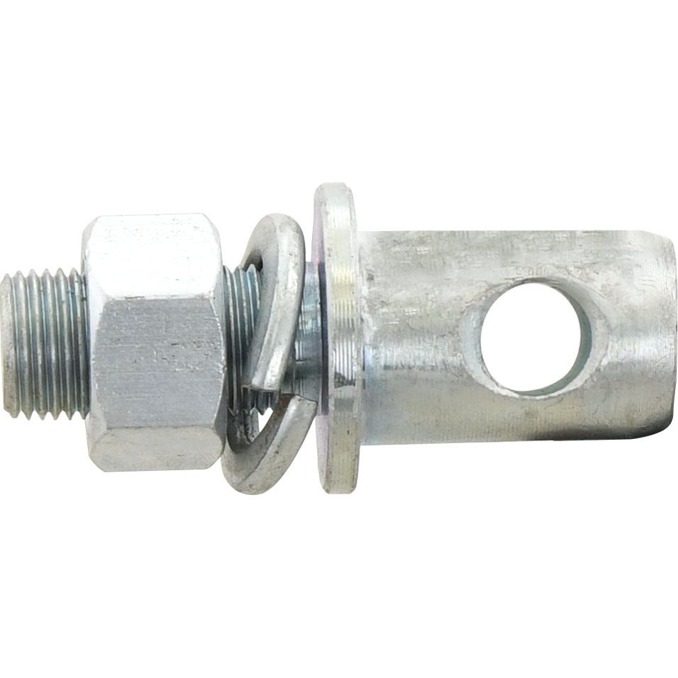 A close-up of the Stabiliser Pin 22x69mm, featuring a threaded bolt (5/8" x 28.5mm), nut, washers, and a clevis pin with a hole for securing connections. Ideal for Ford/New Holland or Massey Ferguson machinery, this Sparex-quality component (Sparex Part No. S.169) ensures durability and precision.
