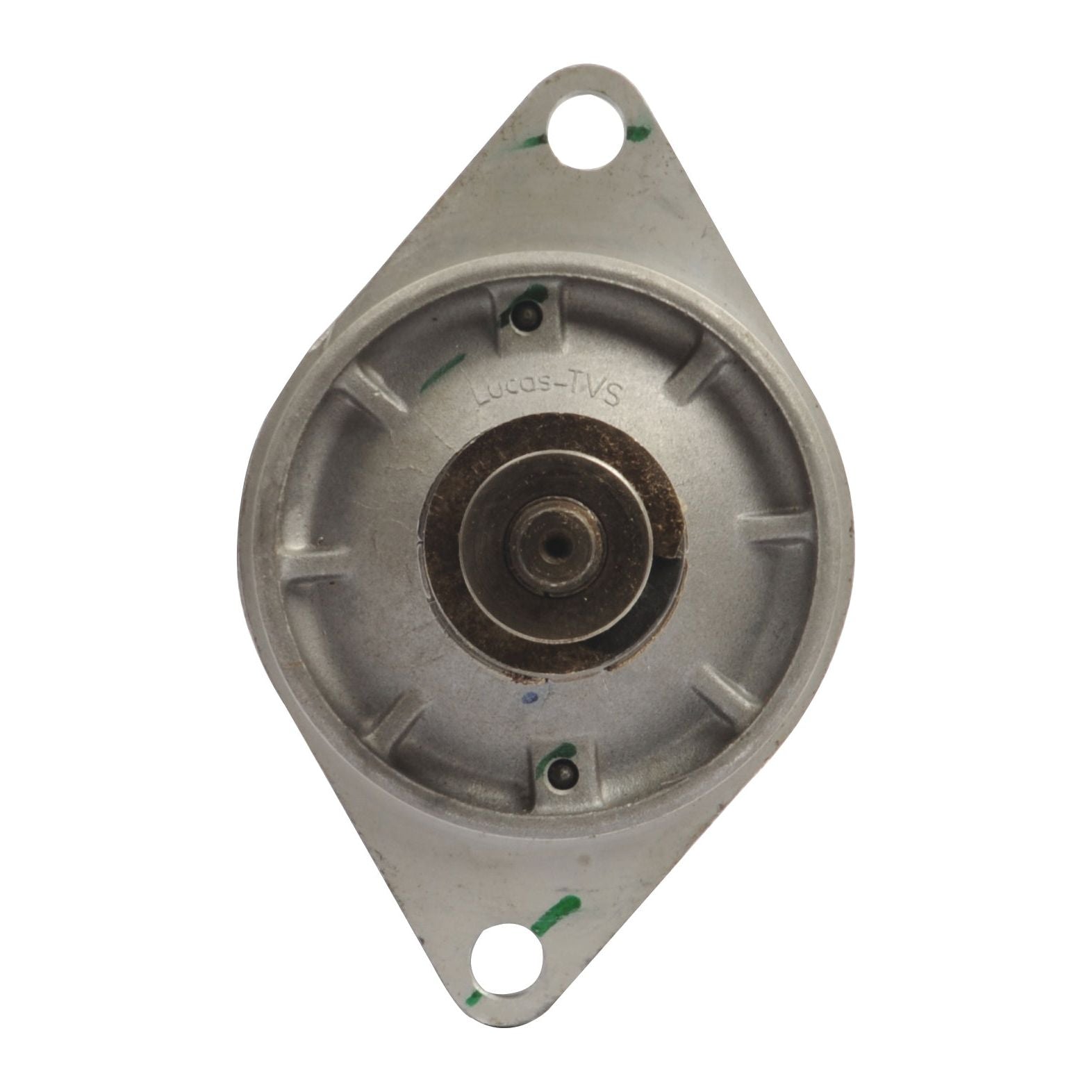 Close-up of a round metallic mechanical part, resembling a component from the Starter Motor - 12V, 0.8Kw (Sparex), Sparex Part No.S.41136, with two screw holes and a central protruding element.