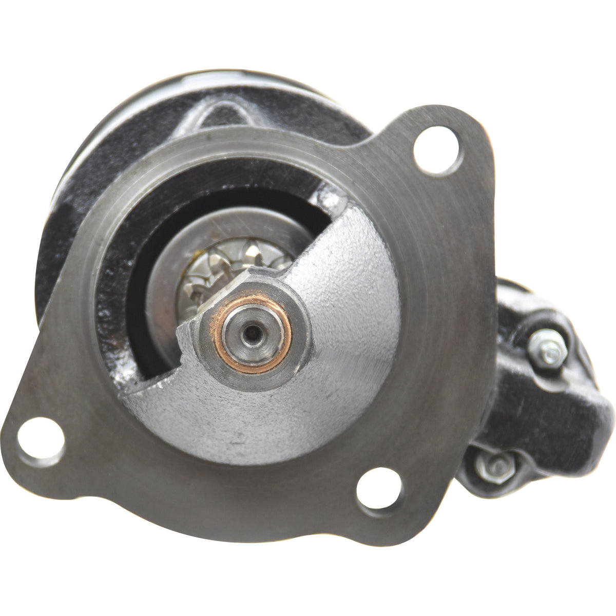 Close-up of the Sparex Starter Motor - 12V, 2.8Kw (Sparex Part No. S.41138) by Massey Ferguson, featuring the gear and mounting bracket with two bolt holes. The surface has a metallic finish and operates at 12V.