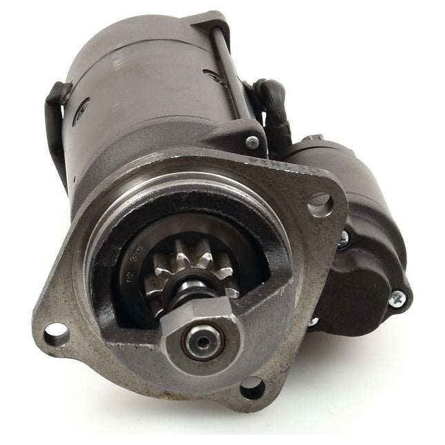 A close-up view of the Sparex Starter Motor - 12V, 4.2Kw, Gear Reducted (Mahle) showcasing the pinion gear and housing assembly. This gear-reduced starter motor is essential for igniting an internal combustion engine.