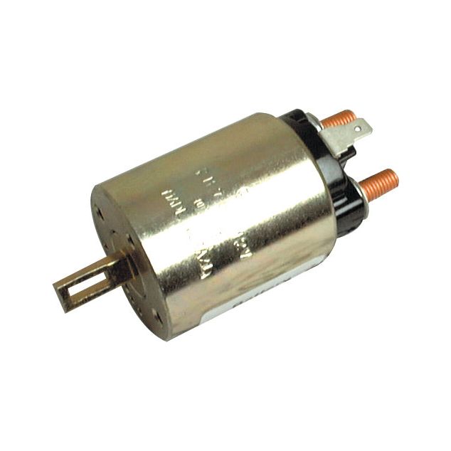 A Sparex Starter Solenoid (Part No. S.70527) featuring a small cylindrical, metallic 12V electric motor with two copper terminals on one end and a rectangular shaft on the other end.