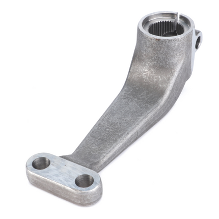 A metal mechanical lever, identified as the Massey Ferguson - Steering Arm - 1676664M1 from AGCO, features two holes on its flat end and a toothed circular opening on the opposite end, all depicted against a white background.