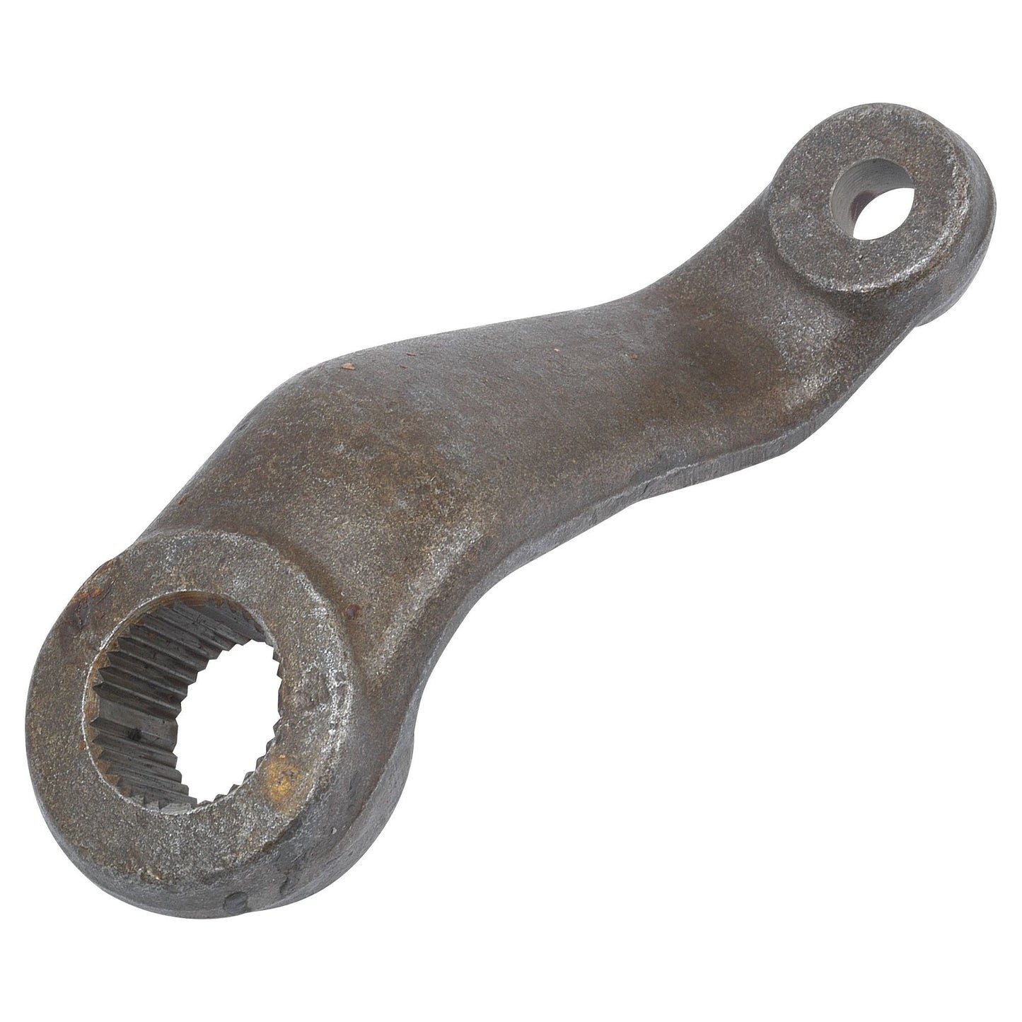 The Sparex Steering Box Drop Arm (Part No. S.73514) is a metal control arm featuring a splined hole on one end and a circular hole on the other, commonly found in Massey Ferguson models and utilized in automotive suspension systems.