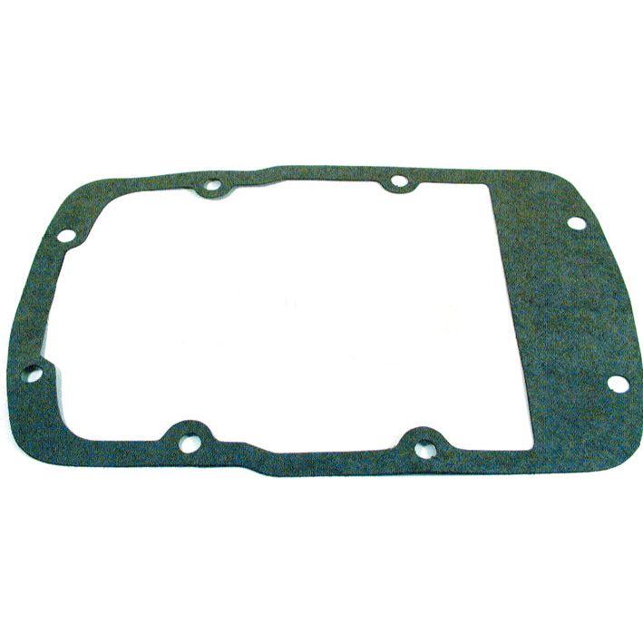 The Sparex Steering Box Gasket (Sparex Part No. S.41352) is a flat, rectangular seal with rounded corners and six holes, made from a greenish material, explicitly designed for sealing in Massey Ferguson transmissions.