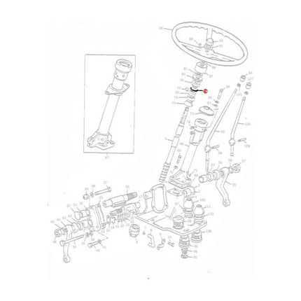 Exploded view diagram of a Massey Ferguson steering column assembly with labeled individual parts, including the steering wheel, shaft, various joints, connectors, and an AGCO nitrile rubber O-ring (Product Name: Massey Ferguson - Steering Column O Ring - 1850234M1).