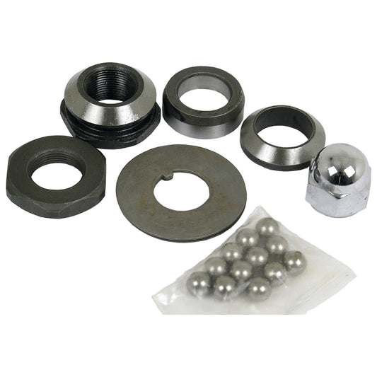 Assorted metal components, including nuts, washers, and ball bearings from the Sparex Steering Column Repair Kit (Part No. S.40293), arranged on a white background.