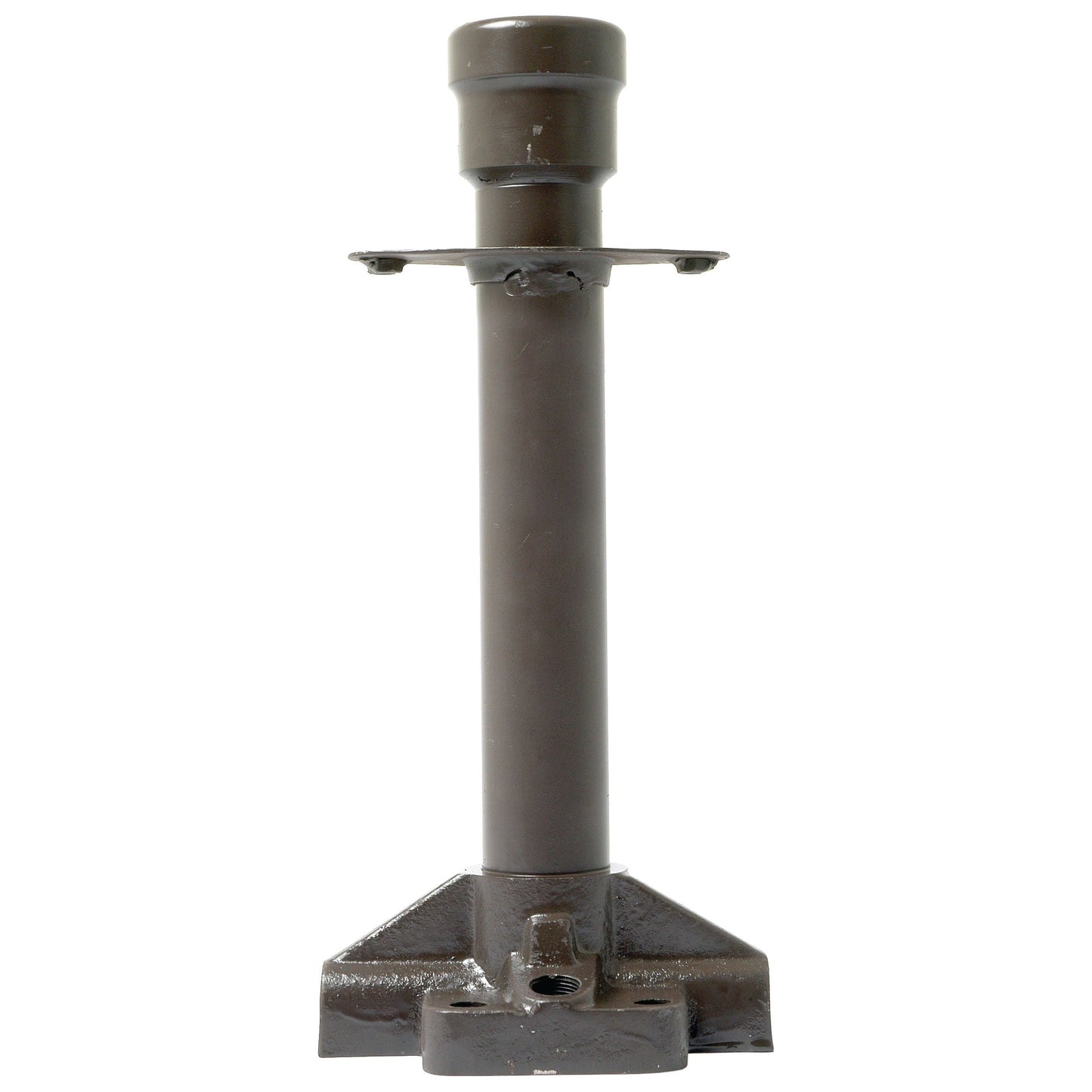 A Sparex Steering Column Tube (Sparex Part No. S.41562) with a dark brown coating, featuring a cylindrical lifting arm and a sturdy triangular base, perfect for working on Massey Ferguson equipment.