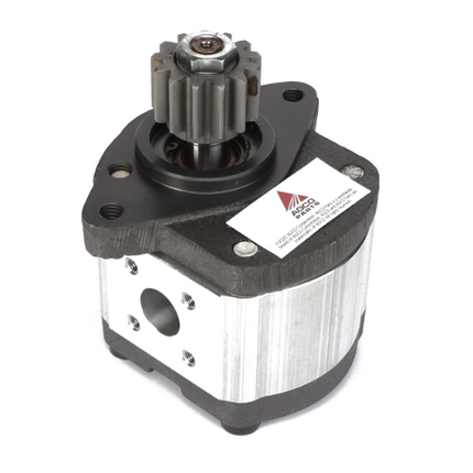 Close-up of a metallic hydraulic gear pump featuring a visible gear, cylindrical body, and a label from AGCO, suitable for Massey Ferguson 400 Series equipment.