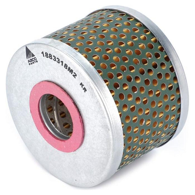 A cylindrical, metallic filter with perforated holes and a pink inner ring, ideal for 100 Series Massey Ferguson tractor models. It features the text "1883318M2 H20 ASCO SPART" on the side and is officially named "Massey Ferguson - Steering Element - 1883318M1 - 1883318M2" by AGCO.