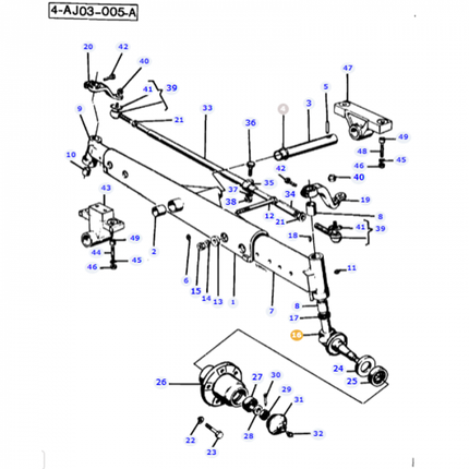 A technical diagram illustrating the parts of a vehicle’s rear axle assembly with numbered components and annotations for identification, featuring the AGCO Massey Ferguson Steering Spindle (Part Number: 3304034M91).