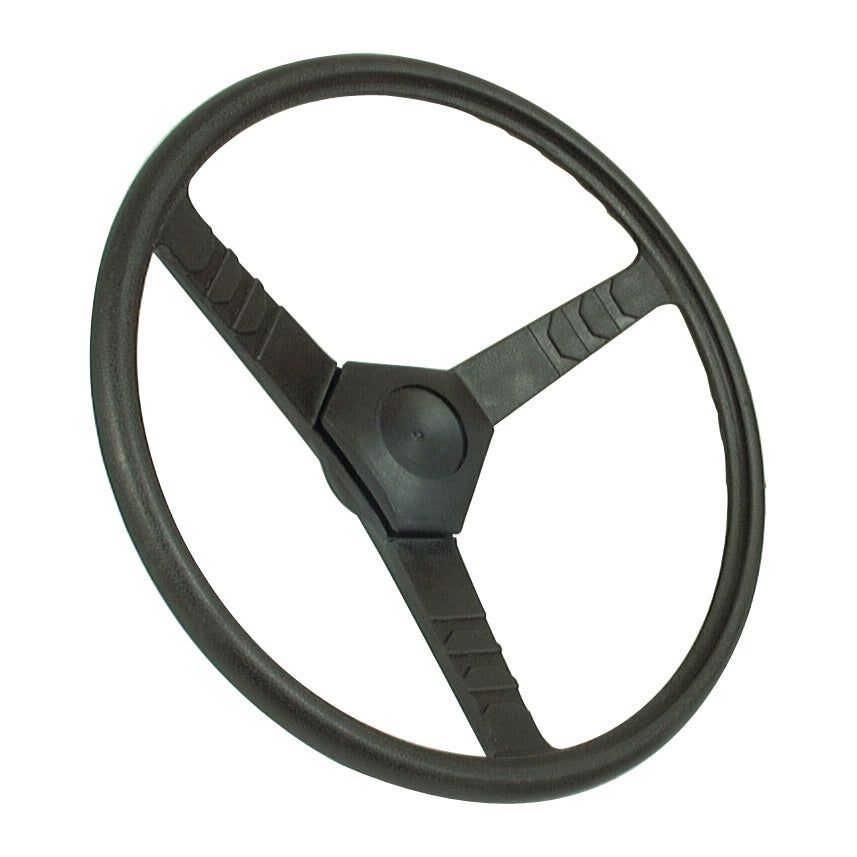 The Sparex Steering Wheel 425mm, Splined (Part No. S.40263) features a black, three-spoke design with a central hub that offers a blend of classic aesthetics and the reliability often associated with Massey Ferguson models.